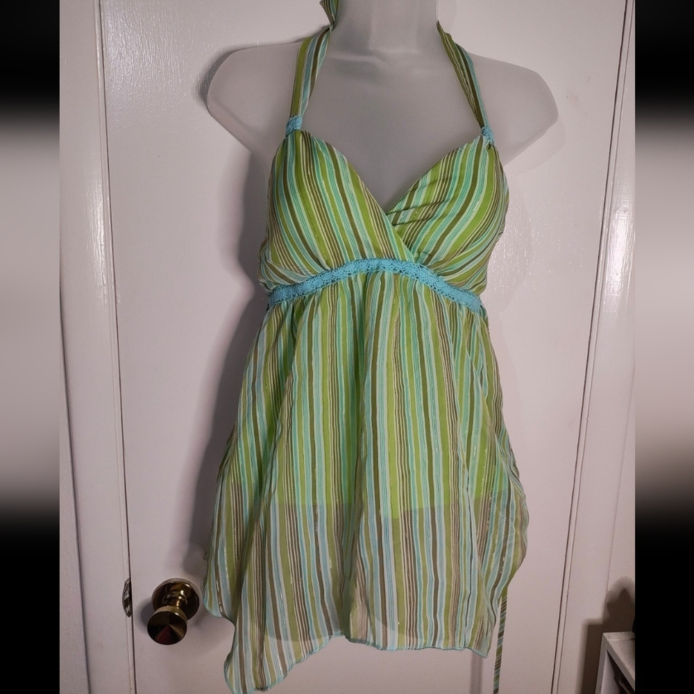 Striped Halter Top with Blue Accents Jordache Y2K Vintage Green and Blue Striped